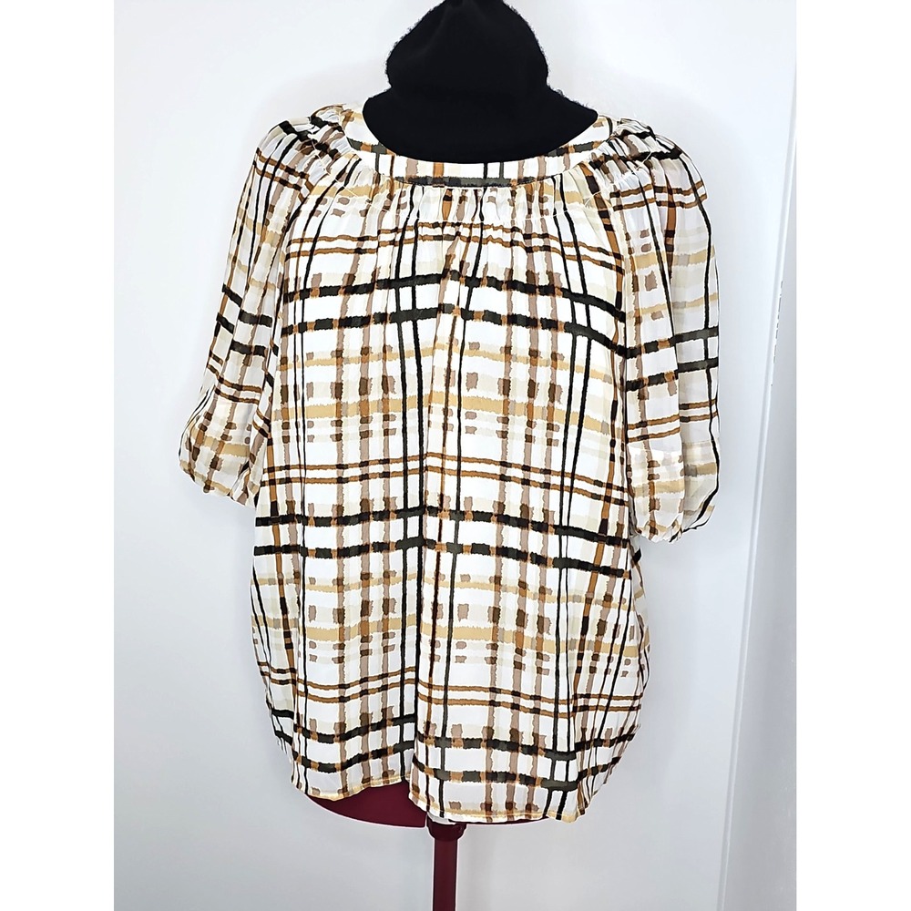 Calvin Klein Women's Plaid Blouse Brown Black White Short Sleeve Lg